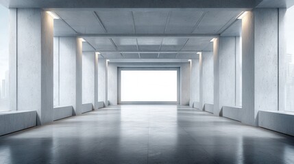 Modern concrete architectural corridor with illuminated ceiling and distant city view.