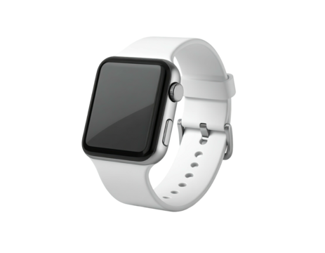 Modern, smart, wearable wrist device with white band and dark screen