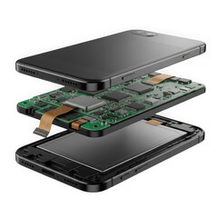 Exploded view of a smartphone showing internal components, isolated on transparent background