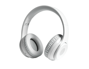 A front-facing, modern white over-ear headphone on a black background