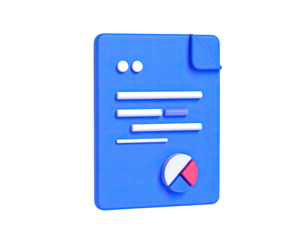 3D rendered blue document icon with white details, and a pie chart