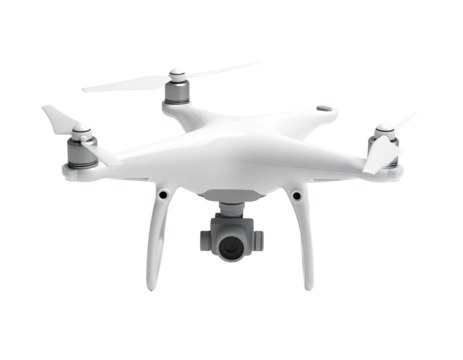 White quadcopter drone with four propellers and a camera beneath