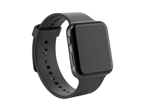 Close-up of a sleek black smartwatch with a rubber strap, isolated on black