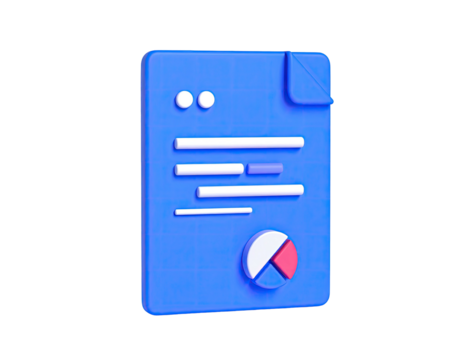 3D rendered blue document icon with white details, and a pie chart