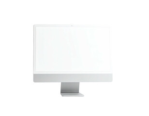 A minimalist silver desktop computer on black background with bright empty screen