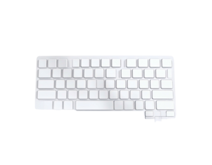 White keyboard on a black background, shot from overhead, clean design