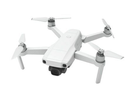 Compact white quadcopter drone with folded arms, camera facing forward