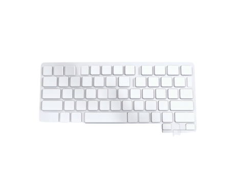 White keyboard on a black background, shot from overhead, clean design