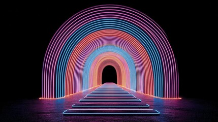 Neon Light Tunnel Displaying Colorful Gradient Arches