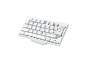 A minimalist, white mechanical keyboard isolated on a black background