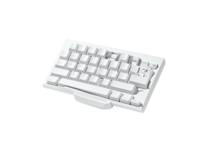 A minimalist, white mechanical keyboard isolated on a black background