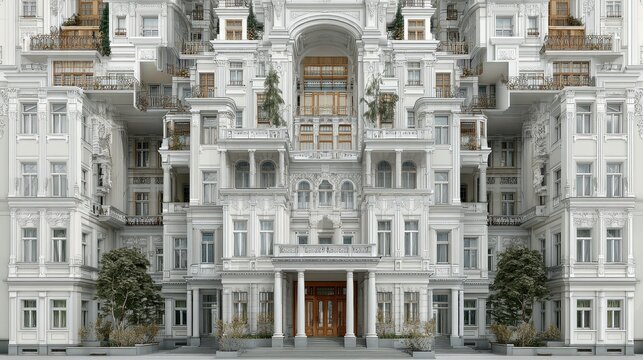 Grandiose white ornate architectural building facade with intricate details