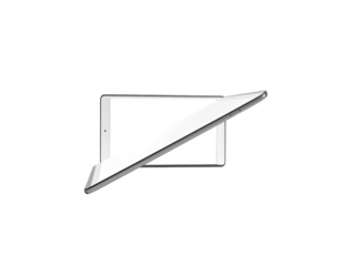 A white tablet with screen angled, partially covered by a detached white keyboard