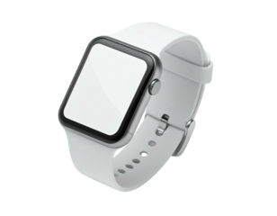 Modern smartwatch with white strap and blank screen isolated against a dark background