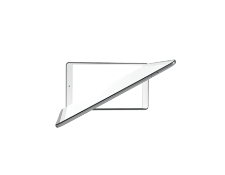 A white tablet with screen angled, partially covered by a detached white keyboard