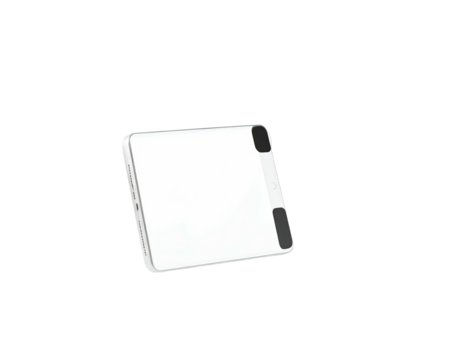 Isometric view of a white rectangular digital device against a black background