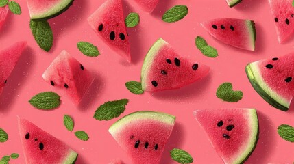 A dynamic top-down arrangement of watermelon slices and green mint leaves on a pink background.