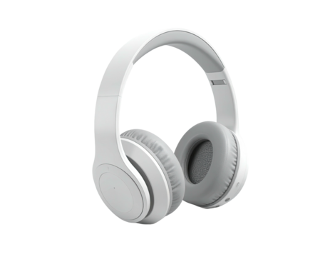 White wireless over-ear headphones isolated on a black background, in a studio shot