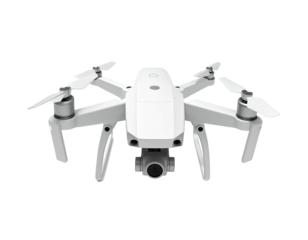 White compact drone with four propellers and camera, viewed from directly above