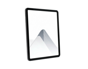 Angled tablet displays a white screen with a minimalist abstract graphic