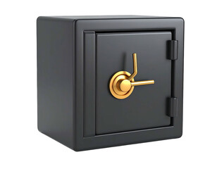 3D rendering of a closed, black safe with golden handle on black background