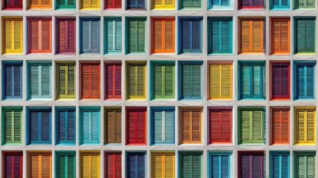 Brightly colored window shutters on a repeating building facade pattern.