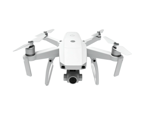 White compact drone with four propellers and camera, viewed from directly above
