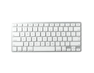 Top-down view of a white and silver computer keyboard, backlit keys
