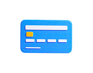 A 3D-rendered blue credit card with white and gold accents on a black background