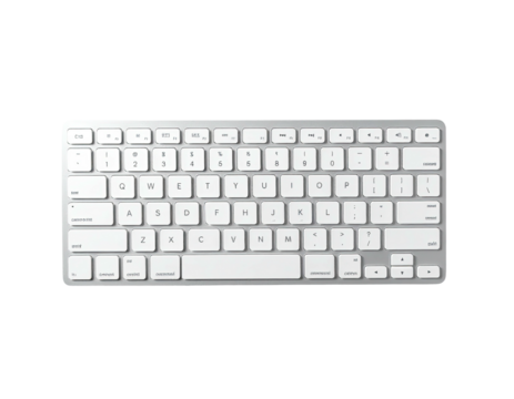 Top-down view of a white and silver computer keyboard, backlit keys