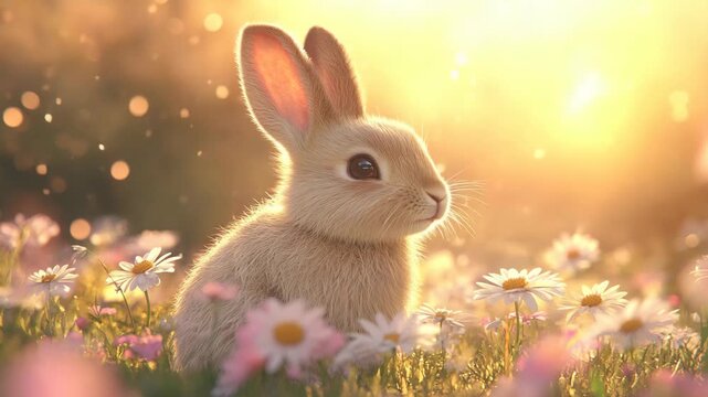 A charming little bunny hops cheerfully field, blooming blossoms in a sunny flower field, cultivating delightful moments that truly embody the essence of spring and its inherently enchanting nature