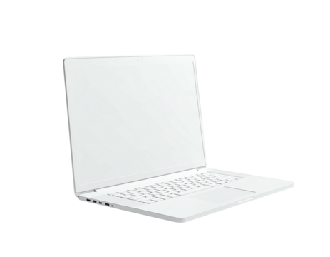 Isolated white laptop, angled, open display showing keyboard, and touchpad