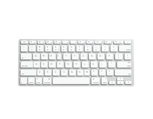 White and silver keyboard with circular keys sits centered on black background