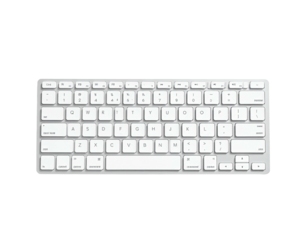 White and silver keyboard with circular keys sits centered on black background