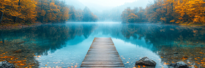 Calm turquoise lake with wooden pier surrounded by autumn forest trees in foggy natural landscape reflection environment
