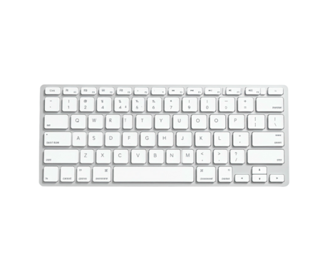 White and silver keyboard with circular keys sits centered on black background