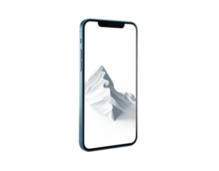 Angled, blue-edged smartphone displays a white mountains wallpaper