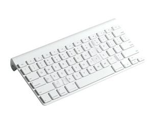 Angled, white, wireless keyboard on a stark black background, minimalist design