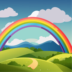 countryside hilly landscape with dark clouds and a vibrant rainbow