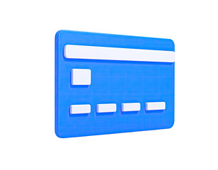 A 3D-rendered blue credit card with raised white elements on black background