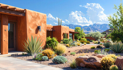 Modern desert home with xeriscape garden and mountain backdrop under clear blue sky, contemporary architecture exterior