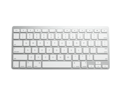 Overhead shot of a modern, silver-colored keyboard with white keycaps on black