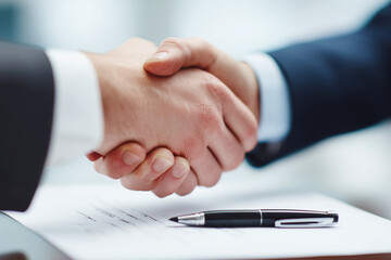 Close-up of two business professionals shaking hands over a signed contract, symbolizing agreement, trust and partnership, with a pen and paperwork on a clean office desk.