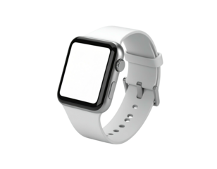 Sleek, modern smartwatch with white band, blank screen, isolated on black