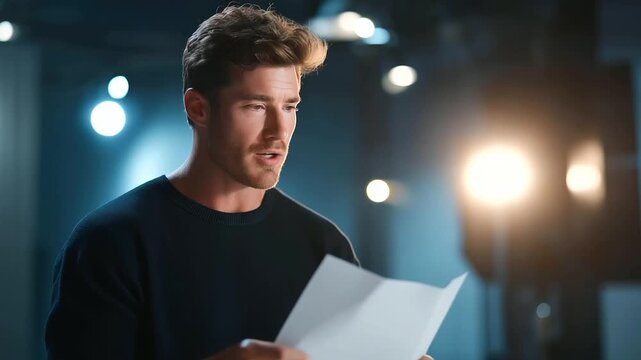 An actor performs a dramatic scene in a casting studio, with a spotlight beaming, a script crumpled, a director nodding, and a camera zooming, presented in a intense photo with light rays, paper cre