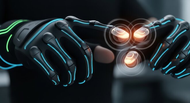 Futuristic Cybernetic Hand with Glowing Lines and Digital Interface.