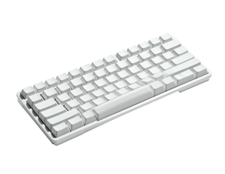 A white, compact mechanical keyboard angled on a black background