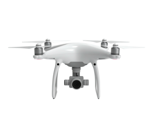 White quadcopter drone with camera, centered, four propellers, floating on black background
