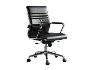 An isolated black leather office chair on a wheeled chrome base, against a black background