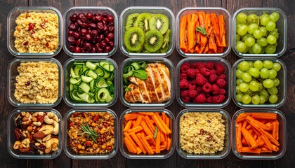 Healthy meal prep containers filled with colorful fresh fruits, vegetables, and grains